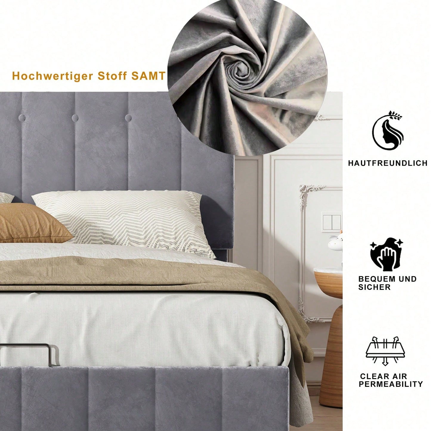 Polsterbett 140*200, Doppelbett mit Hydraulisch anhebbarer Bettstauraum ,höhenverstellbares Polsterkopfteil, Metalllattenrost, Hautfreundlicher Samtstoff Doppelbett Erwachsenen Jugendbett Grau