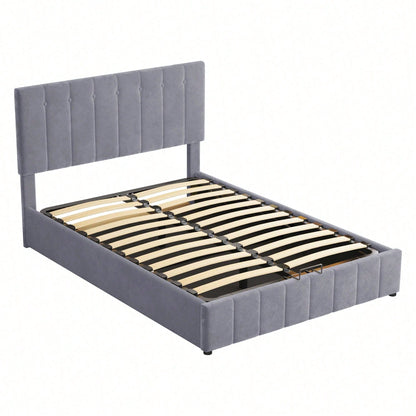 Polsterbett 140*200, Doppelbett mit Hydraulisch anhebbarer Bettstauraum ,höhenverstellbares Polsterkopfteil, Metalllattenrost, Hautfreundlicher Samtstoff Doppelbett Erwachsenen Jugendbett Grau