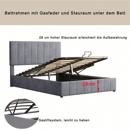 Polsterbett 140*200, Doppelbett mit Hydraulisch anhebbarer Bettstauraum ,höhenverstellbares Polsterkopfteil, Metalllattenrost, Hautfreundlicher Samtstoff Doppelbett Erwachsenen Jugendbett Grau