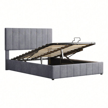 Polsterbett 140*200, Doppelbett mit Hydraulisch anhebbarer Bettstauraum ,höhenverstellbares Polsterkopfteil, Metalllattenrost, Hautfreundlicher Samtstoff Doppelbett Erwachsenen Jugendbett Grau