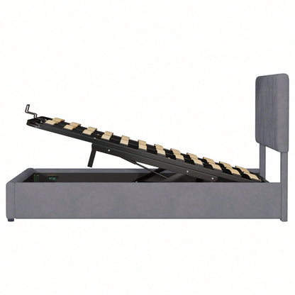Polsterbett 140*200, Doppelbett mit Hydraulisch anhebbarer Bettstauraum ,höhenverstellbares Polsterkopfteil, Metalllattenrost, Hautfreundlicher Samtstoff Doppelbett Erwachsenen Jugendbett Grau