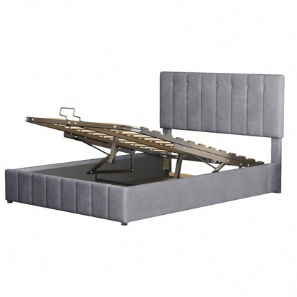 Polsterbett 140*200, Doppelbett mit Hydraulisch anhebbarer Bettstauraum ,höhenverstellbares Polsterkopfteil, Metalllattenrost, Hautfreundlicher Samtstoff Doppelbett Erwachsenen Jugendbett Grau