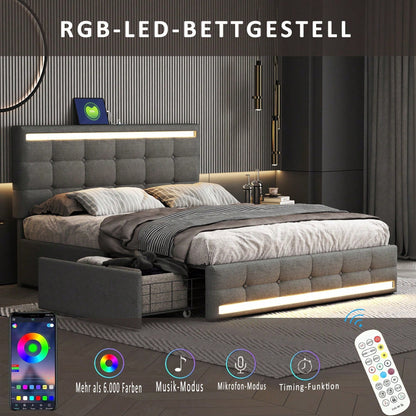 Polsterbett 140 * 200 LED-Polsterbett mit 4 Schubladen und 2 USB-Ladestationen, Bettrahmen mit LED-Kopfteil-Fußteil, gepolstertes Plattformbett mit Stauraum, Leinenstoff Grau