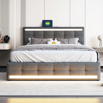 Polsterbett 140 * 200 LED-Polsterbett mit 4 Schubladen und 2 USB-Ladestationen, Bettrahmen mit LED-Kopfteil-Fußteil, gepolstertes Plattformbett mit Stauraum, Leinenstoff Grau