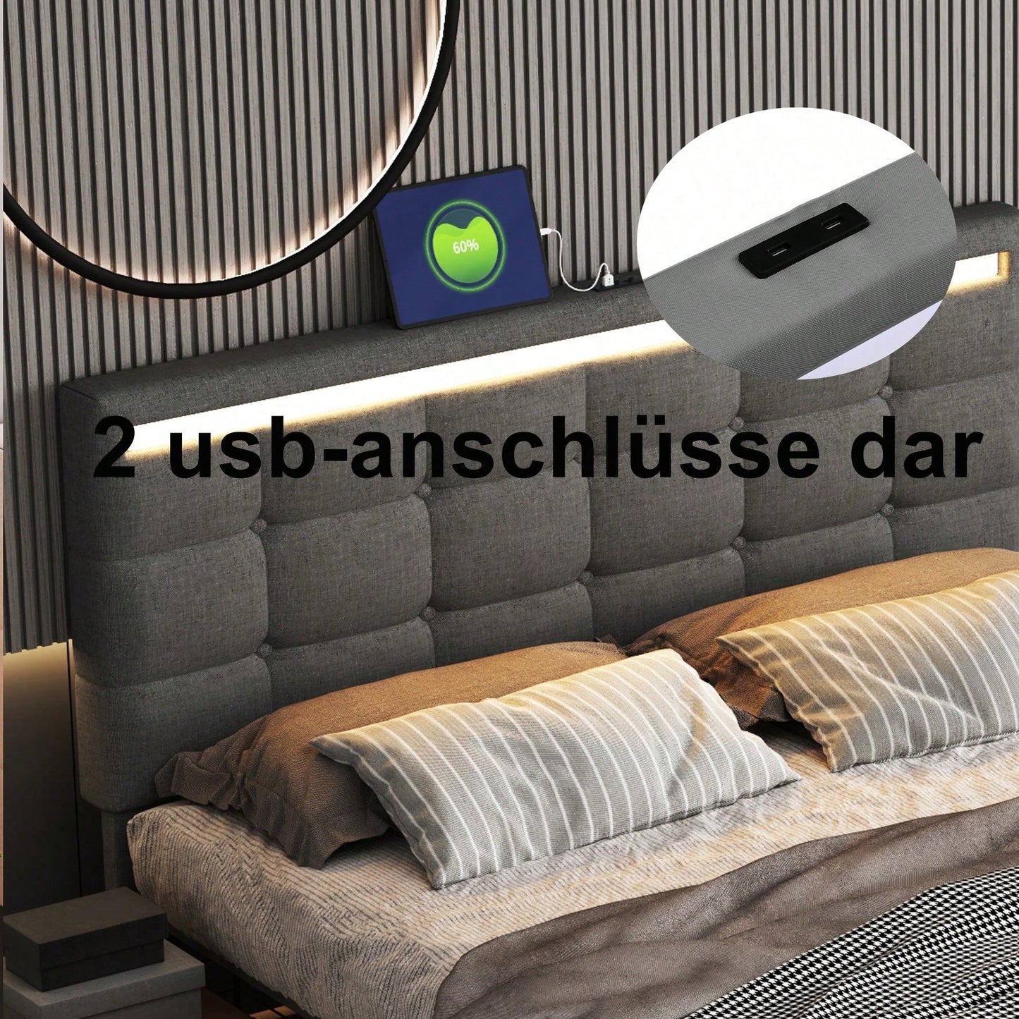 Polsterbett 140 * 200 LED-Polsterbett mit 4 Schubladen und 2 USB-Ladestationen, Bettrahmen mit LED-Kopfteil-Fußteil, gepolstertes Plattformbett mit Stauraum, Leinenstoff Grau