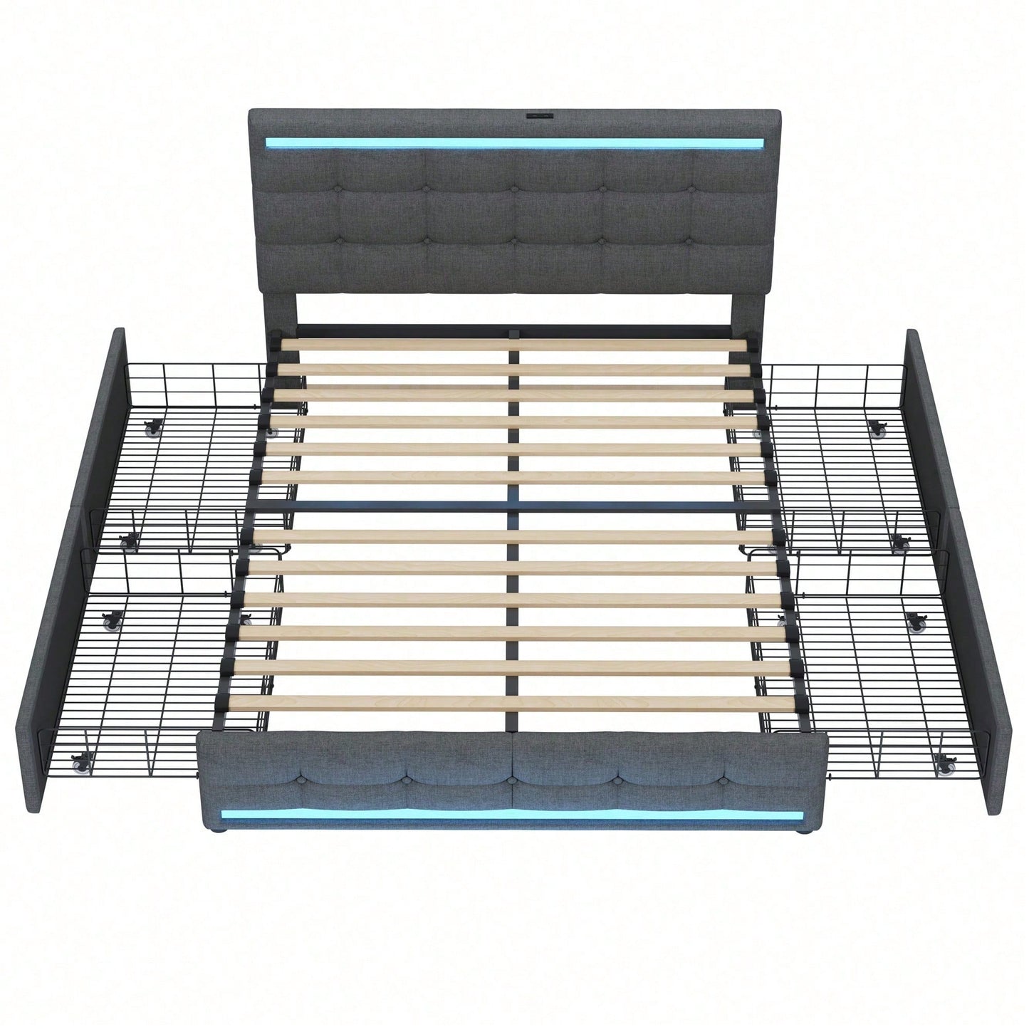 Polsterbett 140 * 200 LED-Polsterbett mit 4 Schubladen und 2 USB-Ladestationen, Bettrahmen mit LED-Kopfteil-Fußteil, gepolstertes Plattformbett mit Stauraum, Leinenstoff Grau