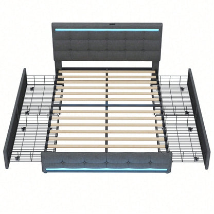 Polsterbett 140 * 200 LED-Polsterbett mit 4 Schubladen und 2 USB-Ladestationen, Bettrahmen mit LED-Kopfteil-Fußteil, gepolstertes Plattformbett mit Stauraum, Leinenstoff Grau