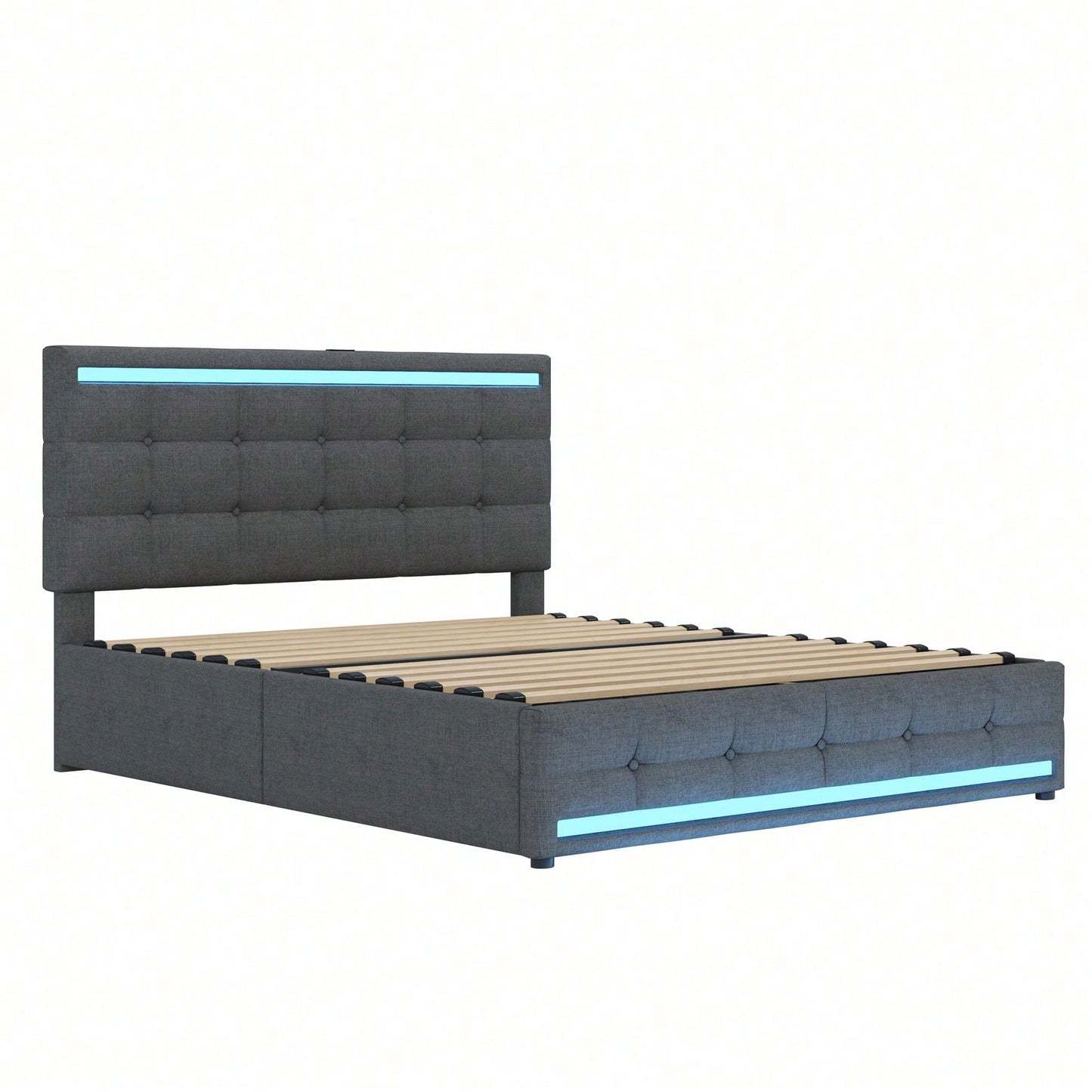 Polsterbett 140 * 200 LED-Polsterbett mit 4 Schubladen und 2 USB-Ladestationen, Bettrahmen mit LED-Kopfteil-Fußteil, gepolstertes Plattformbett mit Stauraum, Leinenstoff Grau
