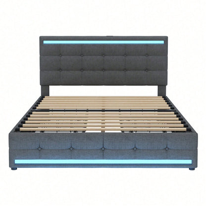 Polsterbett 140 * 200 LED-Polsterbett mit 4 Schubladen und 2 USB-Ladestationen, Bettrahmen mit LED-Kopfteil-Fußteil, gepolstertes Plattformbett mit Stauraum, Leinenstoff Grau