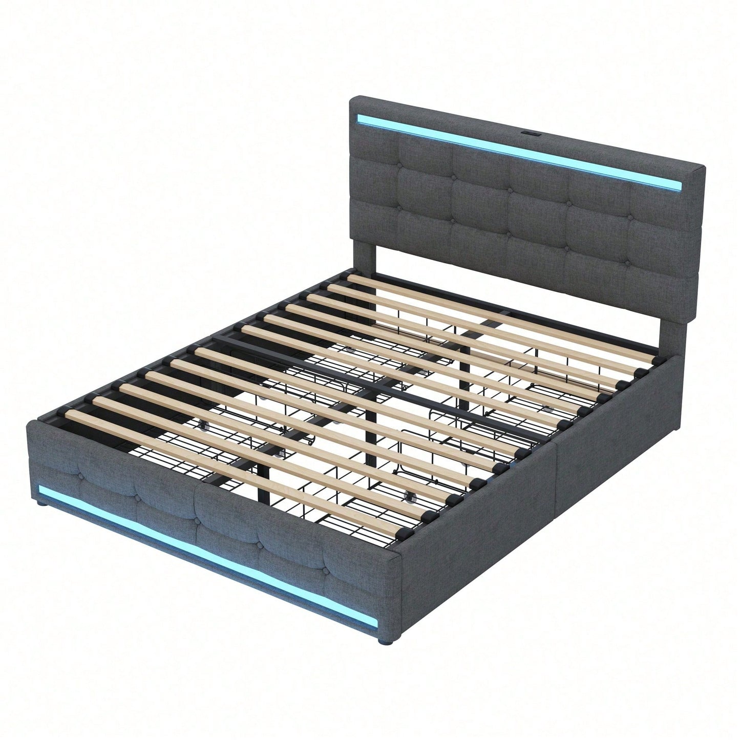 Polsterbett 140 * 200 LED-Polsterbett mit 4 Schubladen und 2 USB-Ladestationen, Bettrahmen mit LED-Kopfteil-Fußteil, gepolstertes Plattformbett mit Stauraum, Leinenstoff Grau