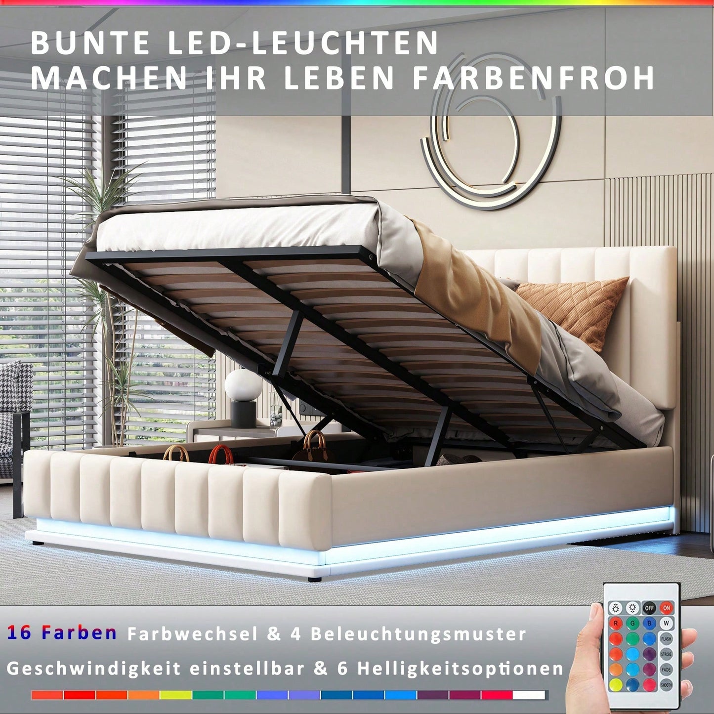 Polsterbett 140 x 200 cm mit LED, Metalllattenrost & Bettkasten, Doppelbett mit höheverstellbarem Polsterkopfteil & hydraulischem Stauraum, Weiß