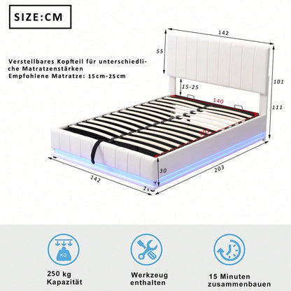 Polsterbett 140 x 200 cm mit LED, Metalllattenrost & Bettkasten, Doppelbett mit höheverstellbarem Polsterkopfteil & hydraulischem Stauraum, Weiß