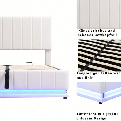 Polsterbett 140 x 200 cm mit LED, Metalllattenrost & Bettkasten, Doppelbett mit höheverstellbarem Polsterkopfteil & hydraulischem Stauraum, Weiß
