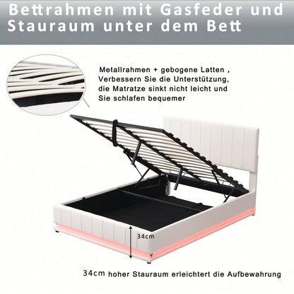 Polsterbett 140 x 200 cm mit LED, Metalllattenrost & Bettkasten, Doppelbett mit höheverstellbarem Polsterkopfteil & hydraulischem Stauraum, Weiß