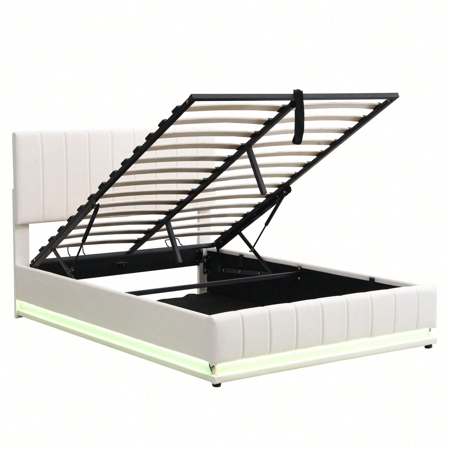 Polsterbett 140 x 200 cm mit LED, Metalllattenrost & Bettkasten, Doppelbett mit höheverstellbarem Polsterkopfteil & hydraulischem Stauraum, Weiß