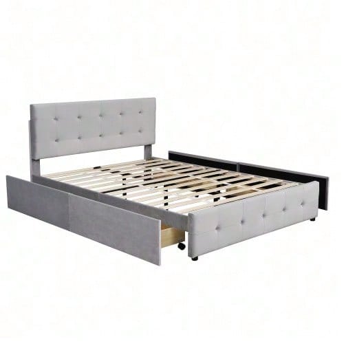 Polsterbett 140 x 200 cm, Doppelbett mit Schubladen, Lattenrost und Rückenlehne, Hautfreundliches Doppelbett aus Samtstoff für Erwachsene und Jugendliche, Beige