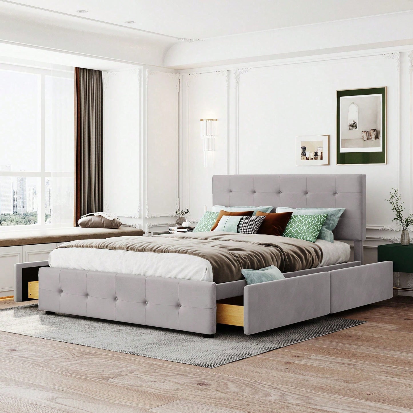 Polsterbett 140 x 200 cm, Doppelbett mit Schubladen, Lattenrost und Rückenlehne, Hautfreundliches Doppelbett aus Samtstoff für Erwachsene und Jugendliche, Beige