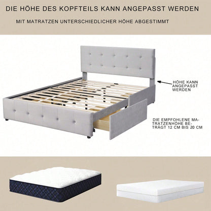 Polsterbett 140 x 200 cm, Doppelbett mit Schubladen, Lattenrost und Rückenlehne, Hautfreundliches Doppelbett aus Samtstoff für Erwachsene und Jugendliche, Beige