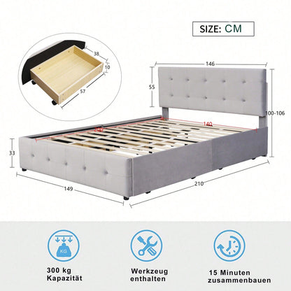 Polsterbett 140 x 200 cm, Doppelbett mit Schubladen, Lattenrost und Rückenlehne, Hautfreundliches Doppelbett aus Samtstoff für Erwachsene und Jugendliche, Beige