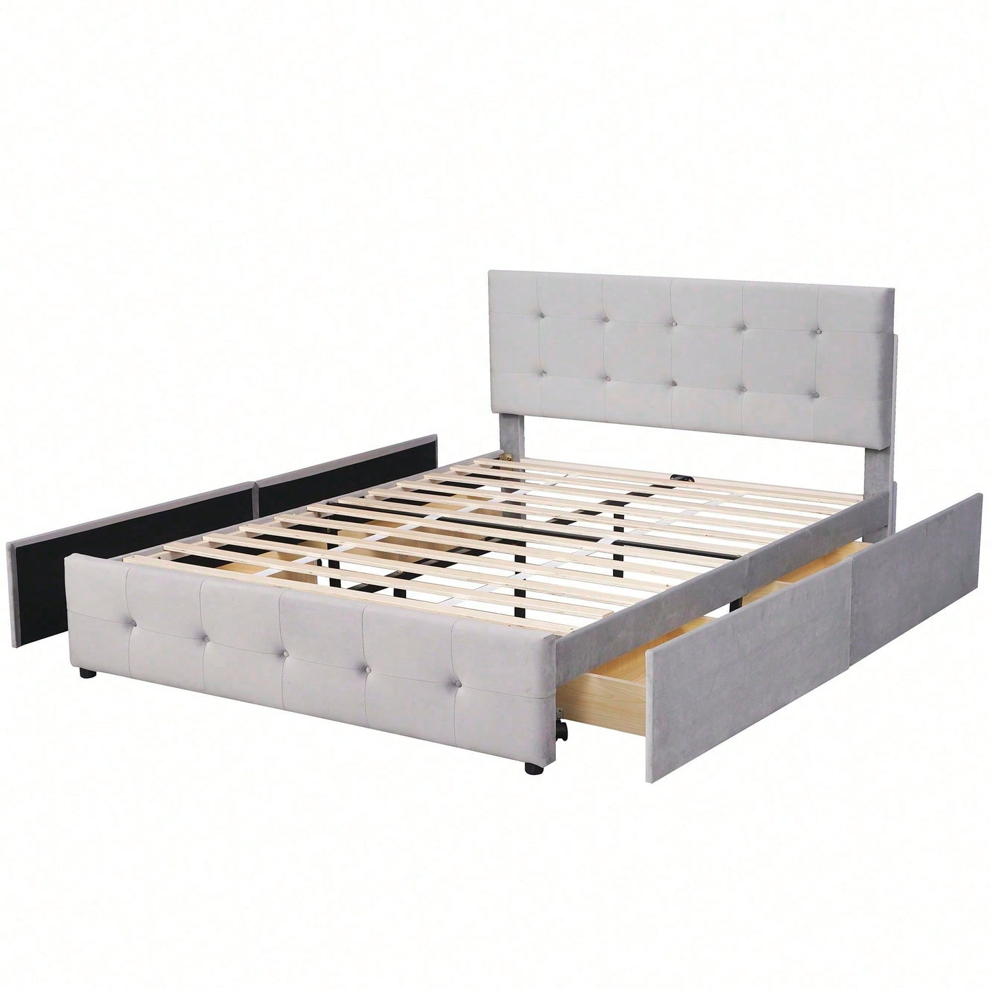 Polsterbett 140 x 200 cm, Doppelbett mit Schubladen, Lattenrost und Rückenlehne, Hautfreundliches Doppelbett aus Samtstoff für Erwachsene und Jugendliche, Beige