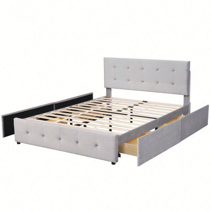 Polsterbett 140 x 200 cm, Doppelbett mit Schubladen, Lattenrost und Rückenlehne, Hautfreundliches Doppelbett aus Samtstoff für Erwachsene und Jugendliche, Beige