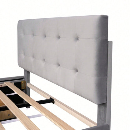 Polsterbett 140 x 200 cm, Doppelbett mit Schubladen, Lattenrost und Rückenlehne, Hautfreundliches Doppelbett aus Samtstoff für Erwachsene und Jugendliche, Beige