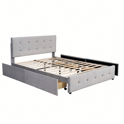 Polsterbett 140 x 200 cm, Doppelbett mit Schubladen, Lattenrost und Rückenlehne, Hautfreundliches Doppelbett aus Samtstoff für Erwachsene und Jugendliche, Beige