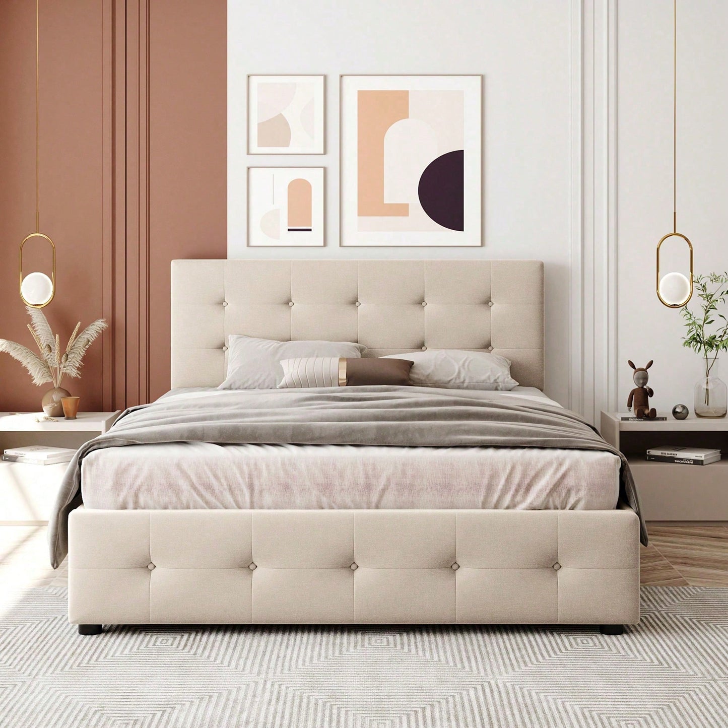 Polsterbett 140 x 200 cm, Doppelbett mit Schubladen, Lattenrost und Rückenlehne, Hautfreundliches Doppelbett aus Samtstoff für Erwachsene und Jugendliche, Beige