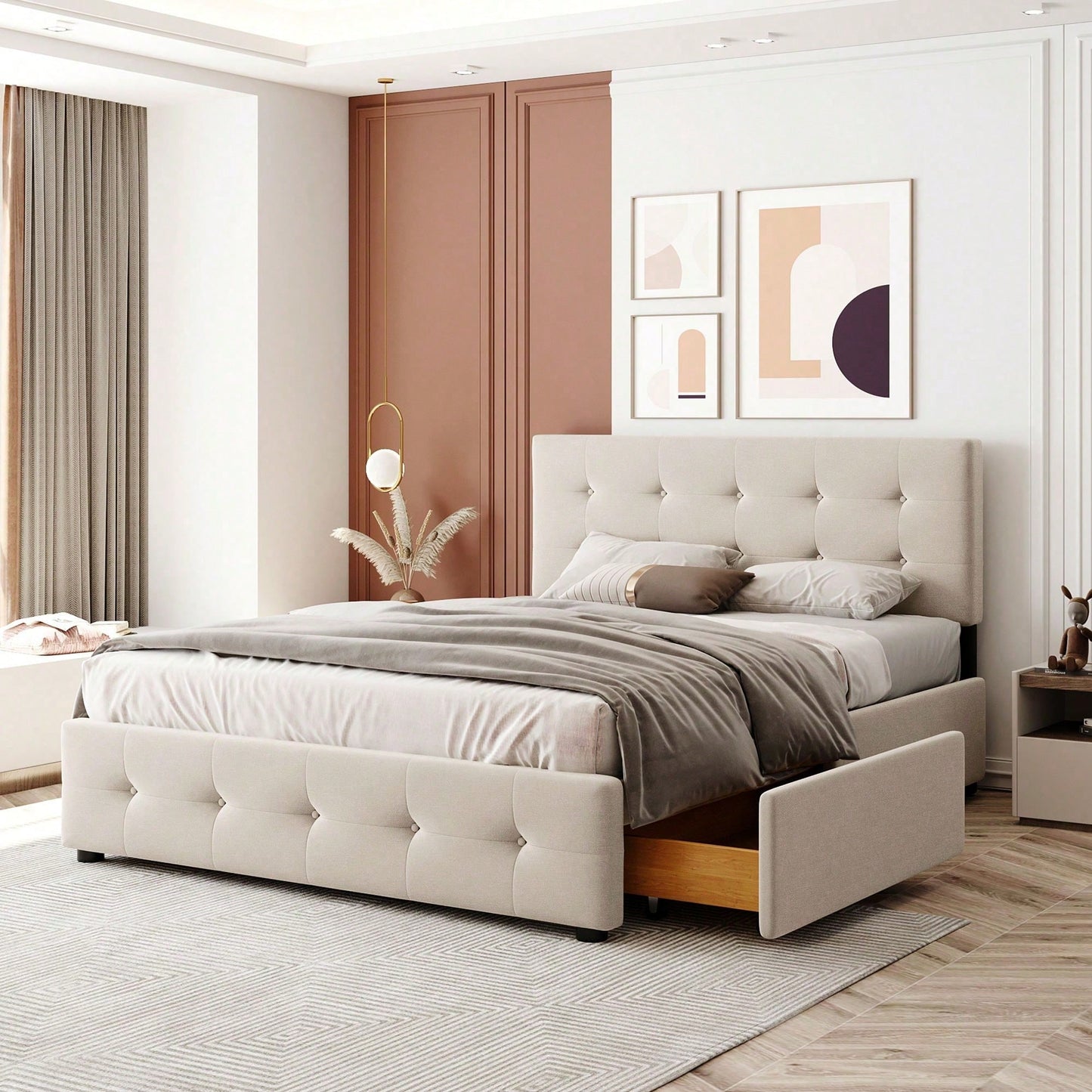 Polsterbett 140 x 200 cm, Doppelbett mit Schubladen, Lattenrost und Rückenlehne, Hautfreundliches Doppelbett aus Samtstoff für Erwachsene und Jugendliche, Beige