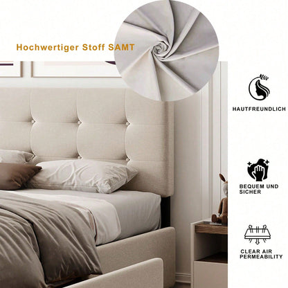 Polsterbett 140 x 200 cm, Doppelbett mit Schubladen, Lattenrost und Rückenlehne, Hautfreundliches Doppelbett aus Samtstoff für Erwachsene und Jugendliche, Beige