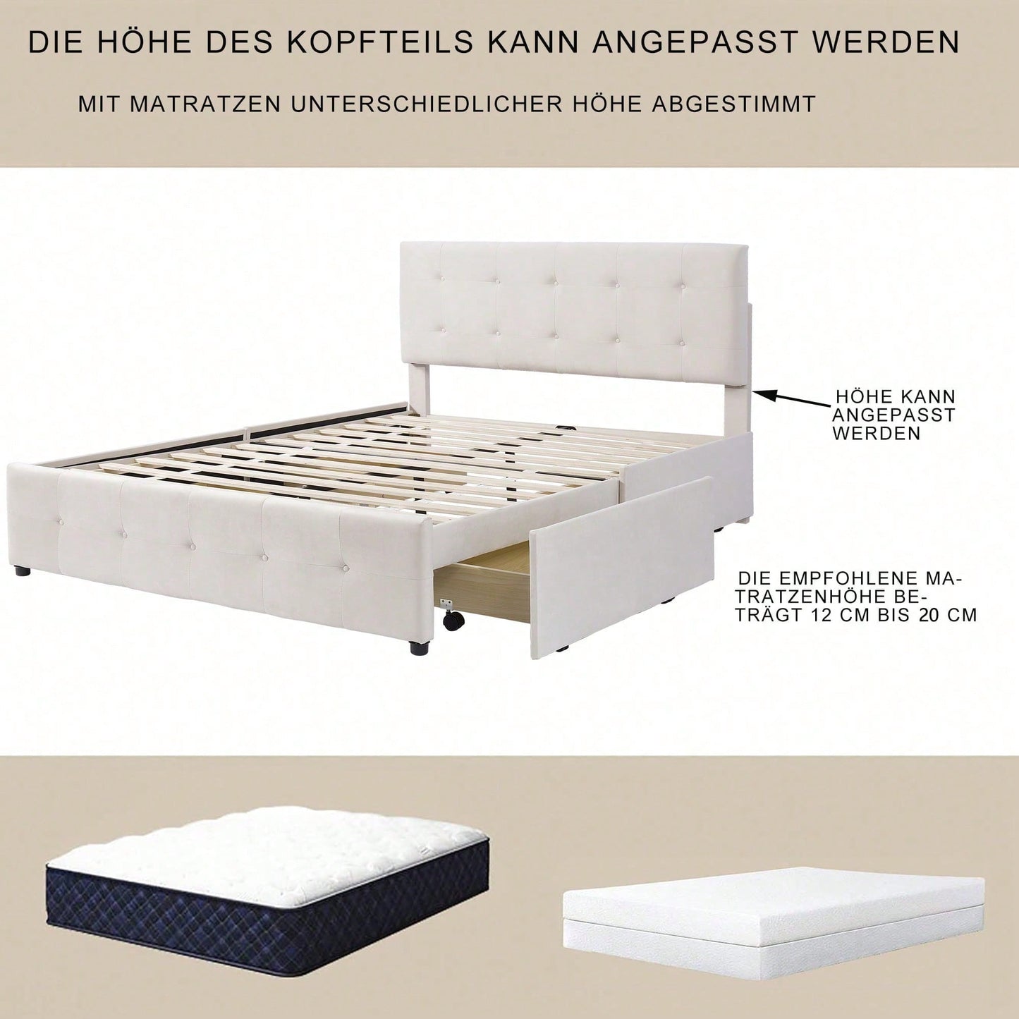 Polsterbett 140 x 200 cm, Doppelbett mit Schubladen, Lattenrost und Rückenlehne, Hautfreundliches Doppelbett aus Samtstoff für Erwachsene und Jugendliche, Beige