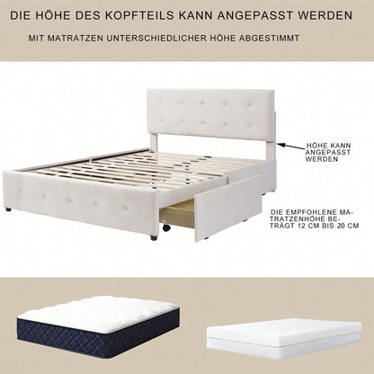 Polsterbett 140 x 200 cm, Doppelbett mit Schubladen, Lattenrost und Rückenlehne, Hautfreundliches Doppelbett aus Samtstoff für Erwachsene und Jugendliche, Beige
