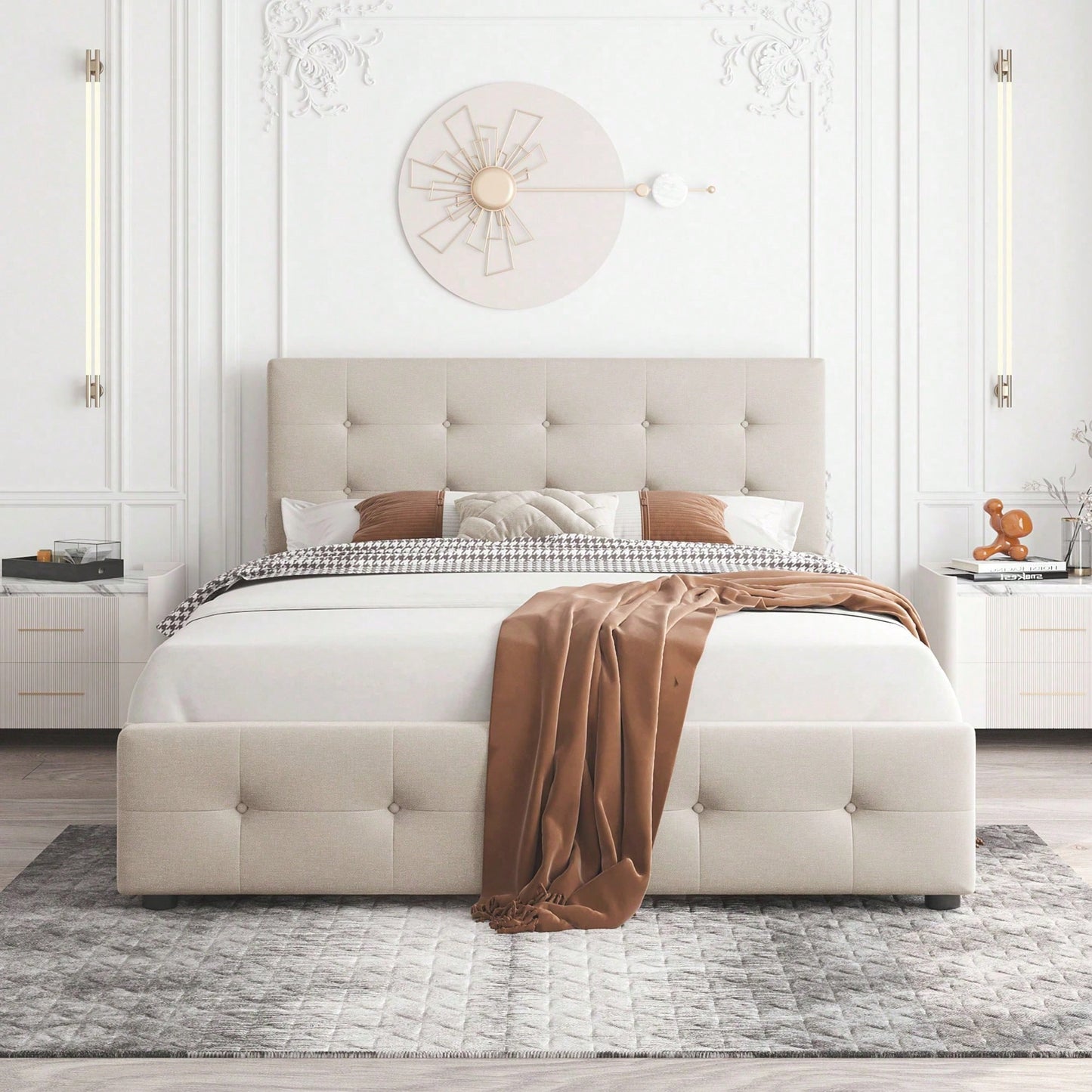 Polsterbett 140 x 200 cm, Doppelbett mit Schubladen, Lattenrost und Rückenlehne, Hautfreundliches Doppelbett aus Samtstoff für Erwachsene und Jugendliche, Beige