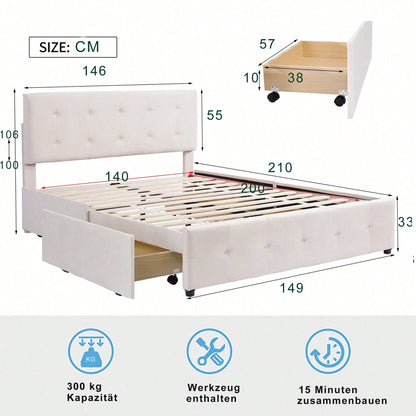 Polsterbett 140 x 200 cm, Doppelbett mit Schubladen, Lattenrost und Rückenlehne, Hautfreundliches Doppelbett aus Samtstoff für Erwachsene und Jugendliche, Beige