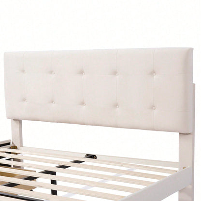 Polsterbett 140 x 200 cm, Doppelbett mit Schubladen, Lattenrost und Rückenlehne, Hautfreundliches Doppelbett aus Samtstoff für Erwachsene und Jugendliche, Beige