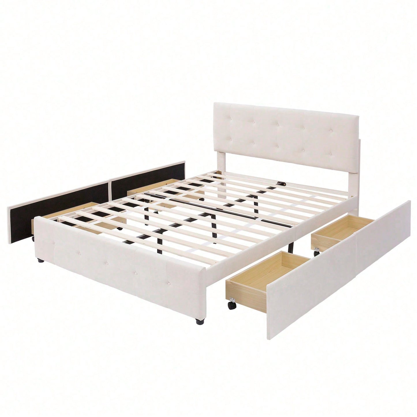 Polsterbett 140 x 200 cm, Doppelbett mit Schubladen, Lattenrost und Rückenlehne, Hautfreundliches Doppelbett aus Samtstoff für Erwachsene und Jugendliche, Beige