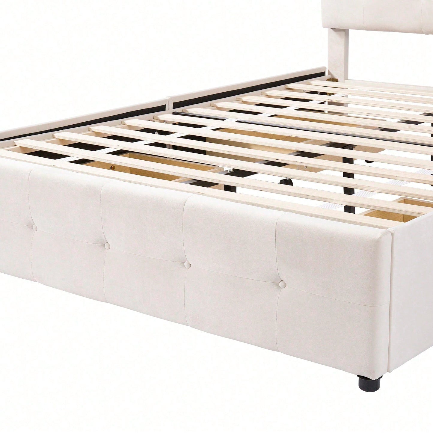 Polsterbett 140 x 200 cm, Doppelbett mit Schubladen, Lattenrost und Rückenlehne, Hautfreundliches Doppelbett aus Samtstoff für Erwachsene und Jugendliche, Beige