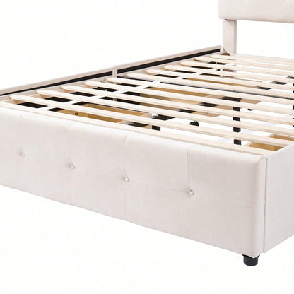 Polsterbett 140 x 200 cm, Doppelbett mit Schubladen, Lattenrost und Rückenlehne, Hautfreundliches Doppelbett aus Samtstoff für Erwachsene und Jugendliche, Beige