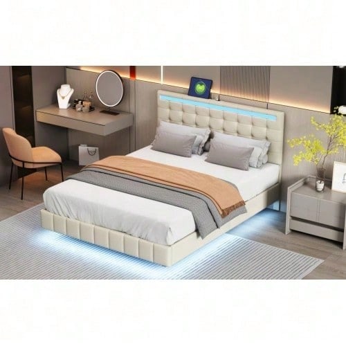 Polsterbett 140 x 200 cm, gepolsterter Schwebebettrahmen mit LED-Leuchten und Kopfteildesign,(Matratze nicht enthaltet)  flächiges Doppelbett-Gästebett in hautfreundlichem Leinen Beige