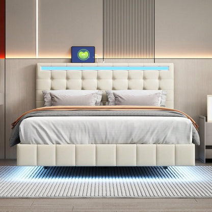 Polsterbett 140 x 200 cm, gepolsterter Schwebebettrahmen mit LED-Leuchten und Kopfteildesign,(Matratze nicht enthaltet)  flächiges Doppelbett-Gästebett in hautfreundlichem Leinen Beige