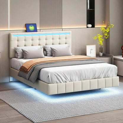 Polsterbett 140 x 200 cm, gepolsterter Schwebebettrahmen mit LED-Leuchten und Kopfteildesign,(Matratze nicht enthaltet)  flächiges Doppelbett-Gästebett in hautfreundlichem Leinen Beige