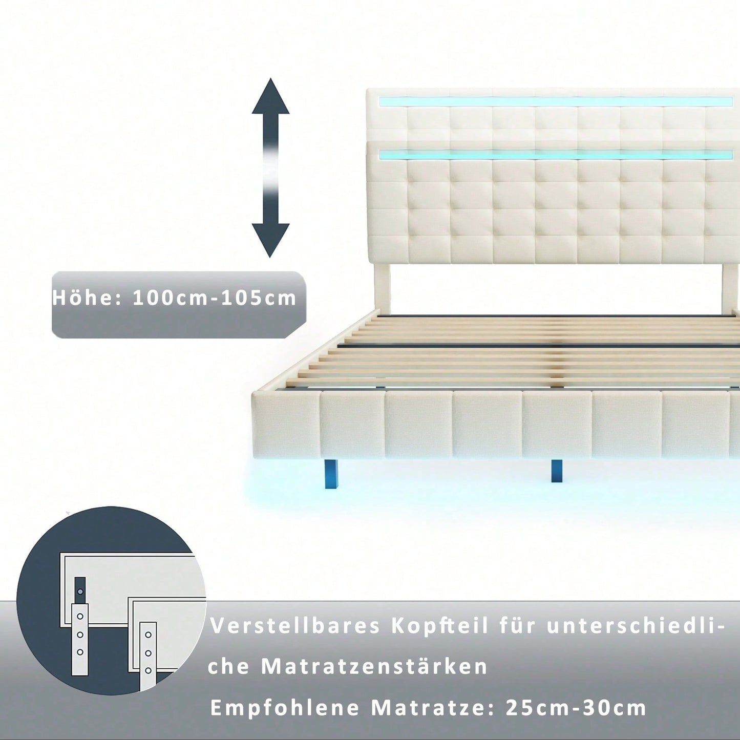 Polsterbett 140 x 200 cm, gepolsterter Schwebebettrahmen mit LED-Leuchten und Kopfteildesign,(Matratze nicht enthaltet)  flächiges Doppelbett-Gästebett in hautfreundlichem Leinen Beige