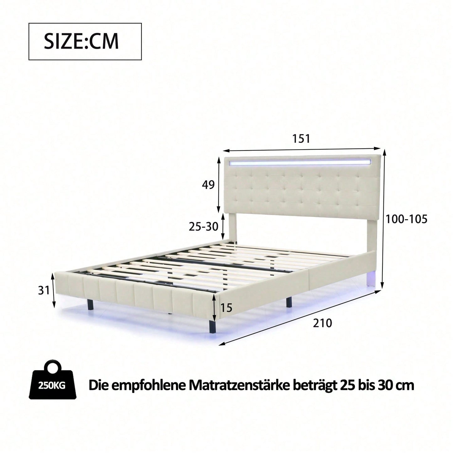 Polsterbett 140 x 200 cm, gepolsterter Schwebebettrahmen mit LED-Leuchten und Kopfteildesign,(Matratze nicht enthaltet)  flächiges Doppelbett-Gästebett in hautfreundlichem Leinen Beige