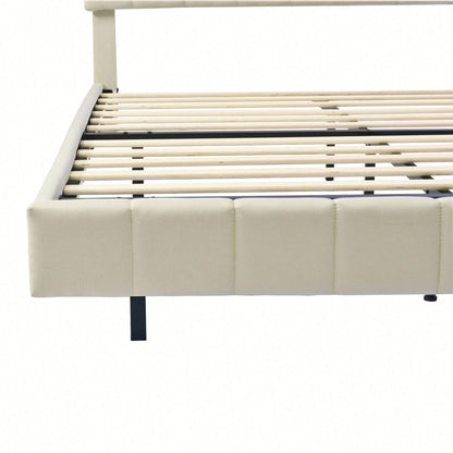 Polsterbett 140 x 200 cm, gepolsterter Schwebebettrahmen mit LED-Leuchten und Kopfteildesign,(Matratze nicht enthaltet)  flächiges Doppelbett-Gästebett in hautfreundlichem Leinen Beige