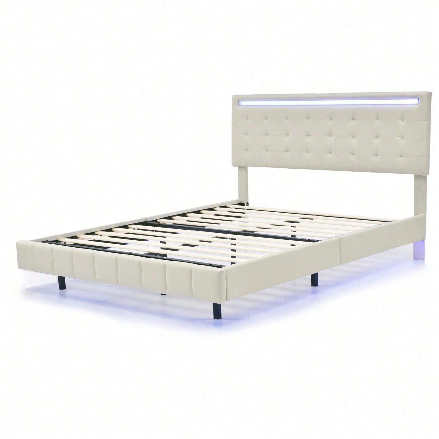 Polsterbett 140 x 200 cm, gepolsterter Schwebebettrahmen mit LED-Leuchten und Kopfteildesign,(Matratze nicht enthaltet)  flächiges Doppelbett-Gästebett in hautfreundlichem Leinen Beige