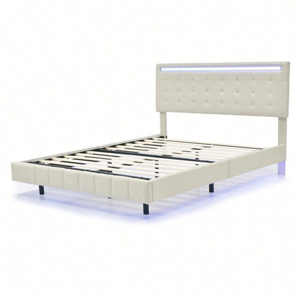 Polsterbett 140 x 200 cm, gepolsterter Schwebebettrahmen mit LED-Leuchten und Kopfteildesign,(Matratze nicht enthaltet)  flächiges Doppelbett-Gästebett in hautfreundlichem Leinen Beige