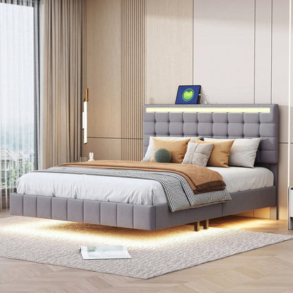 Polsterbett 140 x 200 cm, gepolsterter Schwebebettrahmen mit LED-Leuchten und Kopfteildesign,(Matratze nicht enthaltet)  flächiges Doppelbett-Gästebett in hautfreundlichem Leinen Beige