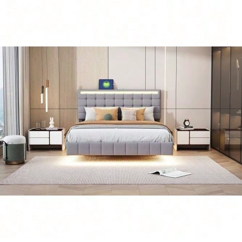 Polsterbett 140 x 200 cm, gepolsterter Schwebebettrahmen mit LED-Leuchten und Kopfteildesign,(Matratze nicht enthaltet)  flächiges Doppelbett-Gästebett in hautfreundlichem Leinen Beige