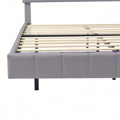 Polsterbett 140 x 200 cm, gepolsterter Schwebebettrahmen mit LED-Leuchten und Kopfteildesign,(Matratze nicht enthaltet)  flächiges Doppelbett-Gästebett in hautfreundlichem Leinen Beige