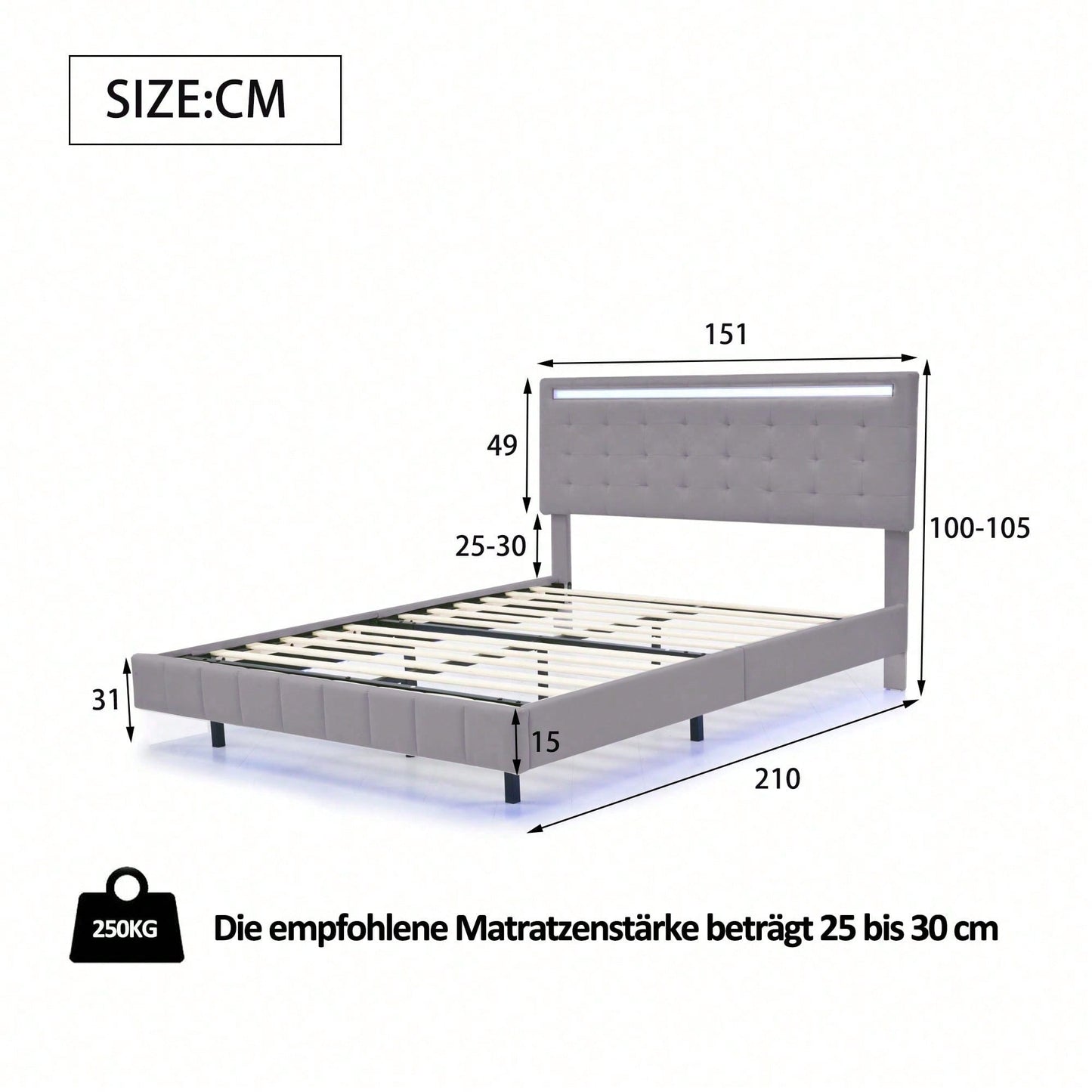 Polsterbett 140 x 200 cm, gepolsterter Schwebebettrahmen mit LED-Leuchten und Kopfteildesign,(Matratze nicht enthaltet)  flächiges Doppelbett-Gästebett in hautfreundlichem Leinen Beige